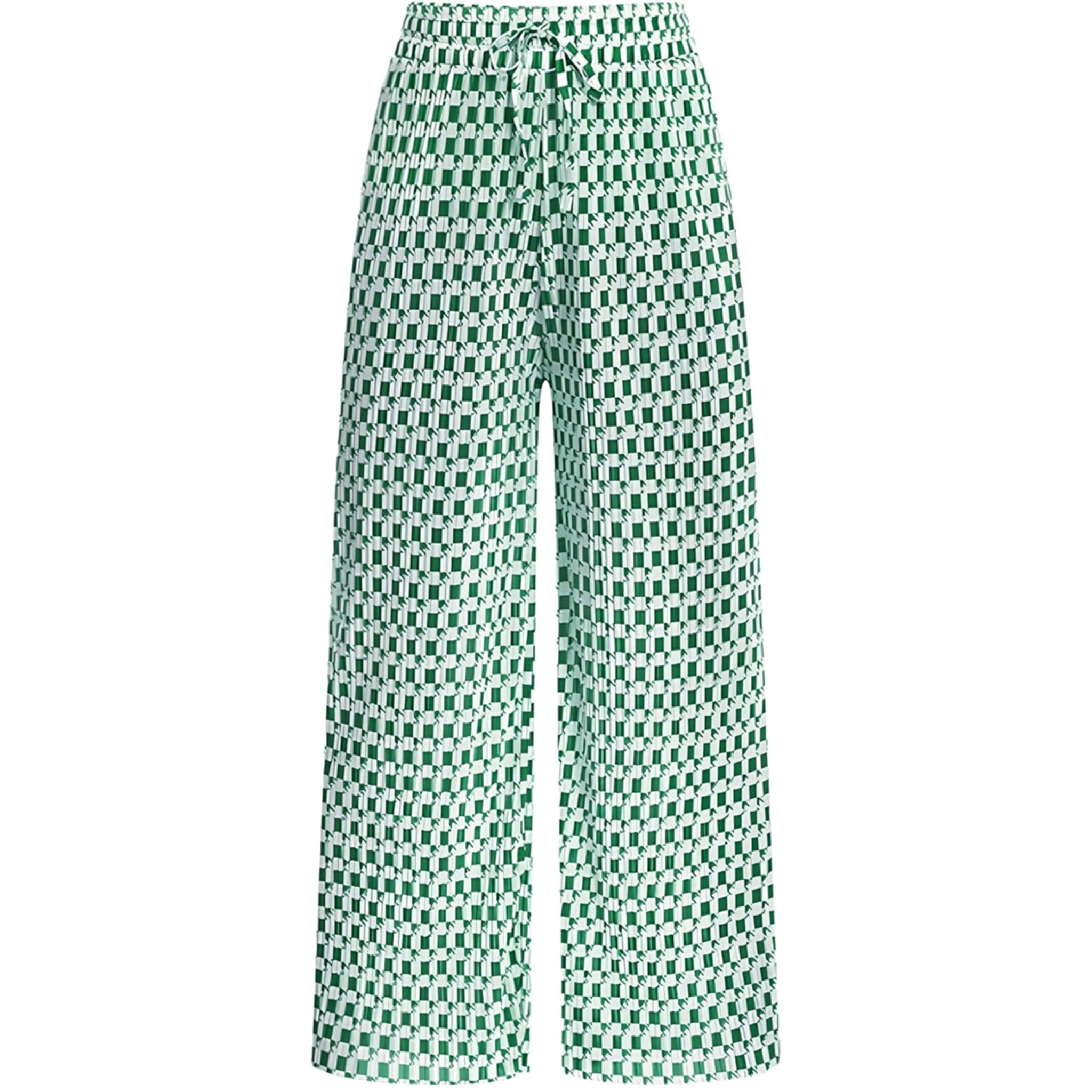Ladies Green and White Check Design Palazzo Trousers – Wide Leg Lightweight Summer Pants